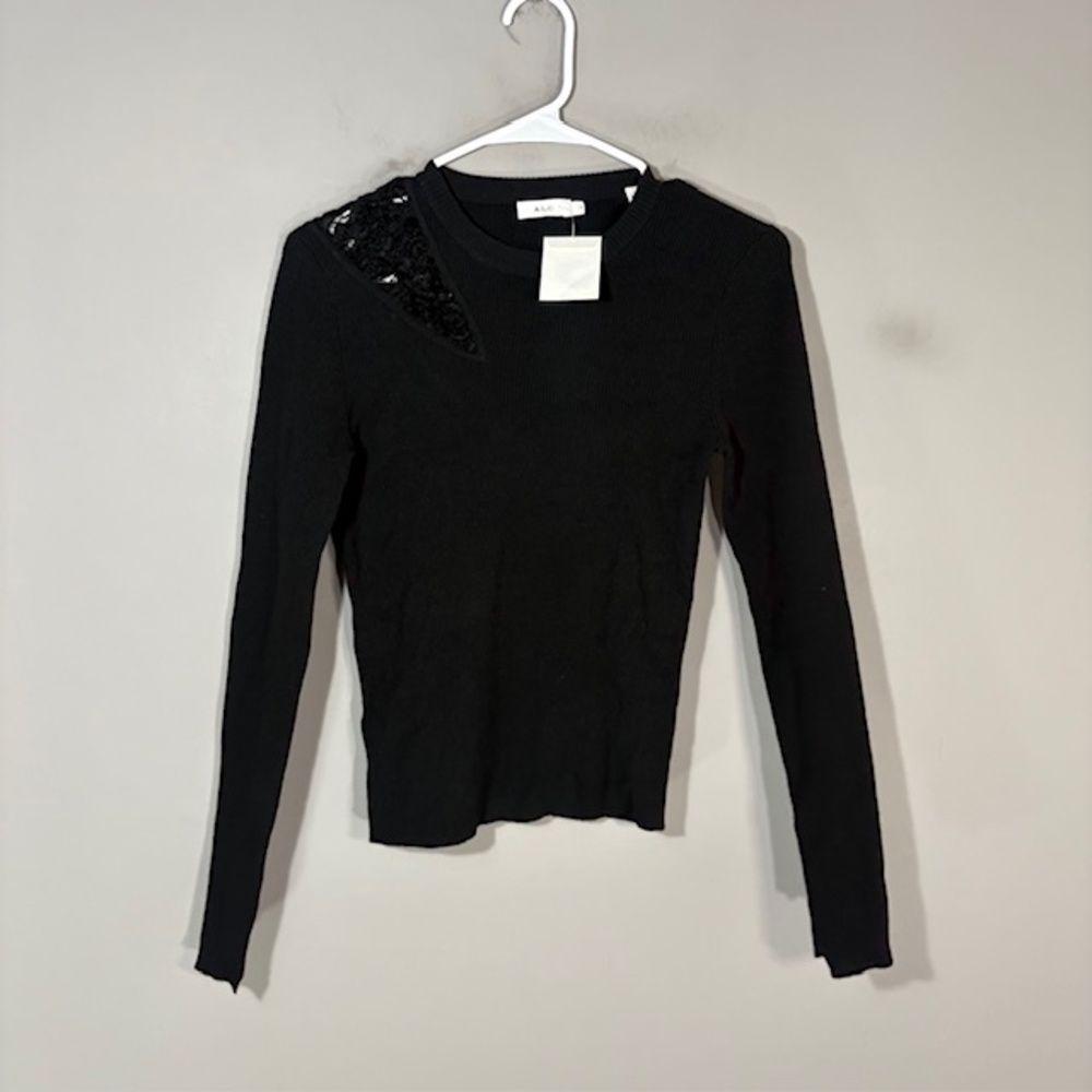 A.L.C. Sweater Womens S Black Merino Wool Lace Insert Asymmetrical Pullover Knit